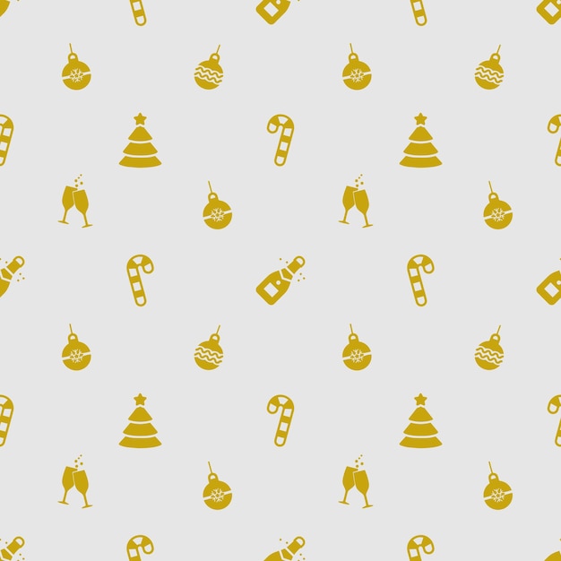 Christmas seamless pattern of big and small snowflakes and various Xmas symbols gray and golden