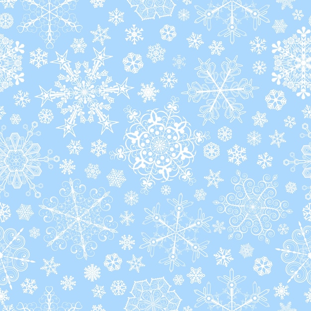 Christmas seamless pattern of big and small snowflakes, white on light blue