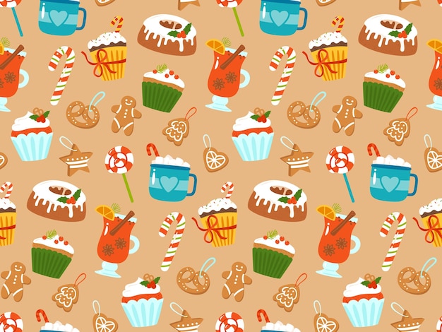 Christmas seamless pattern candy lollipop muffin cookie gingerbread wallpaper