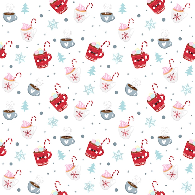 Christmas seamless pattern candy, mug and snowflake