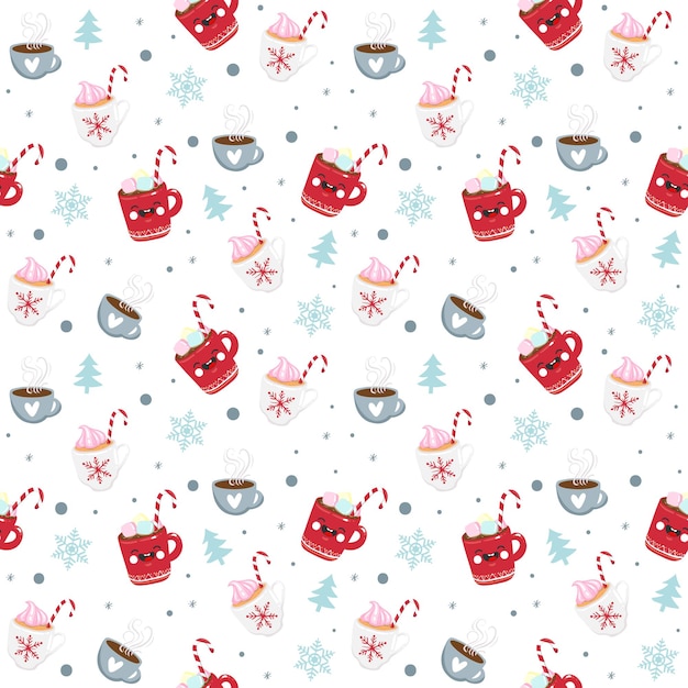 Christmas seamless pattern candy, mug, star on white background. Template for greeting, scrapbooking, invitations, congratulations. Kawaii style. Vector illustration. Eps 10