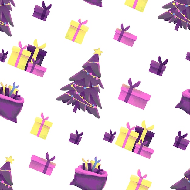 Christmas seamless pattern. christma trees and gifts.