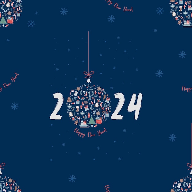 Christmas seamless pattern Christmas tree ball with date year 2024 from New Years decor on blue