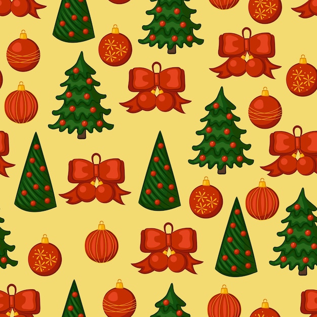 Christmas seamless pattern. Christmas trees, balls and bows