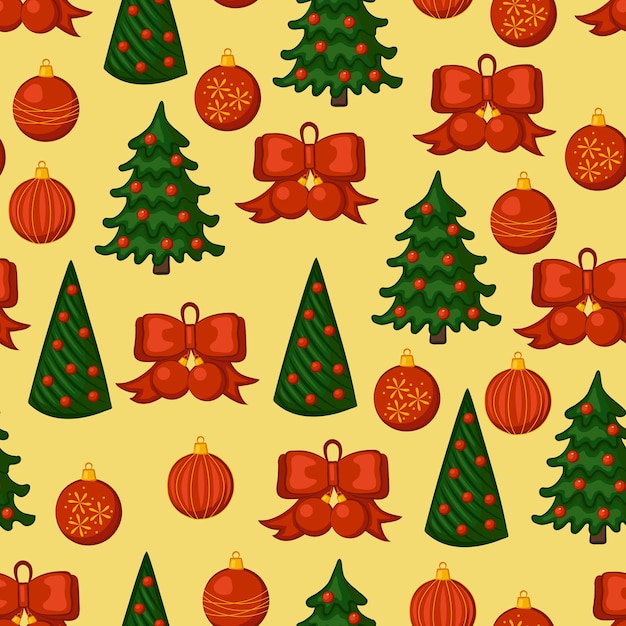 Christmas seamless pattern. christmas trees, balls and bows