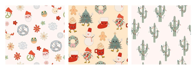ヒッピー グルーヴィーなスタイルのクリスマス シームレス パターン コレクション。編集可能なベクトル イラスト。