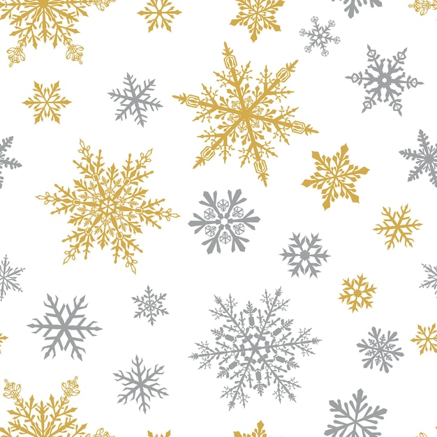 Christmas seamless pattern of complex big and small snowflakes in yellow and gray colors on white background