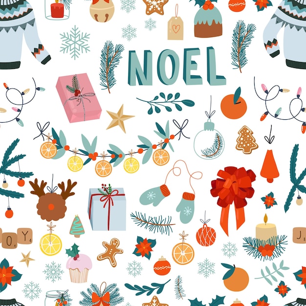 Christmas seamless pattern cute design elements on white background