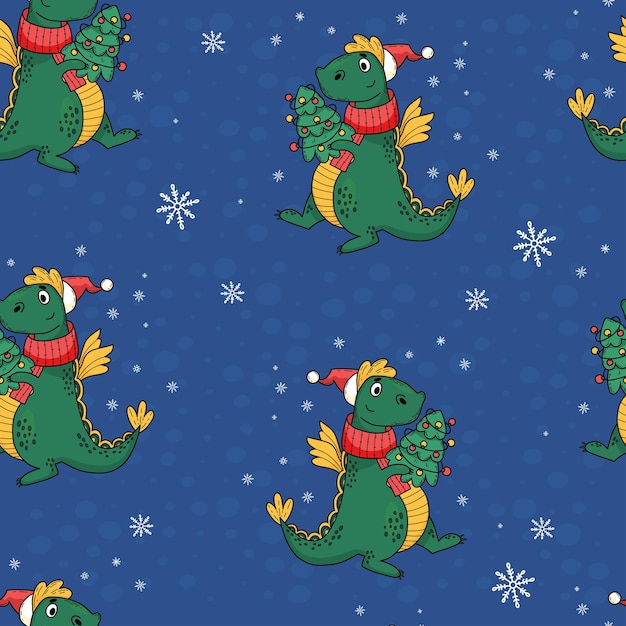 クリスマス・シームレス・パターン 雪花の青い背景のクリスマス・ツリーと可愛いドラゴン