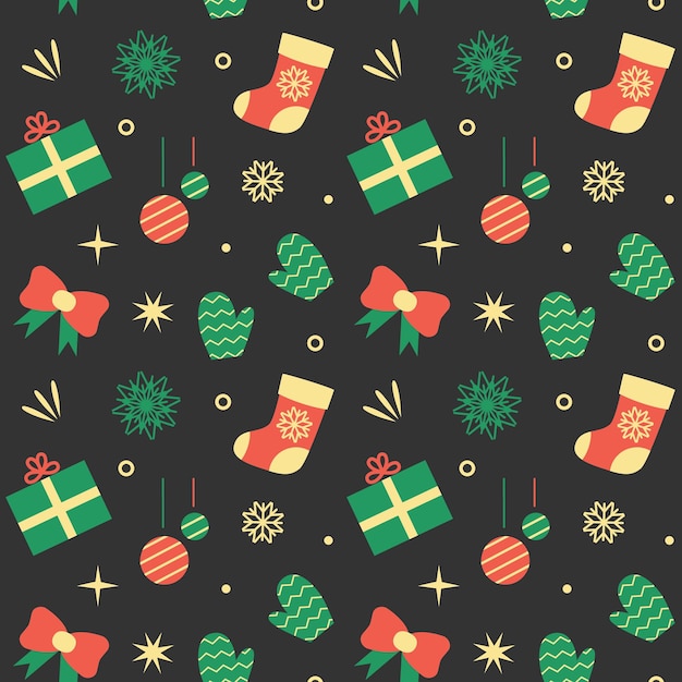 Christmas seamless pattern on dark background. Vector illustration of New Year decorations.