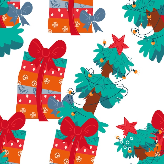 Christmas seamless pattern design with gifts and fir tree hand drawn flat vector