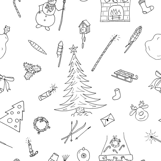 落書きスタイルのクリスマスのシームレスなパターン手描きのベクトル図
