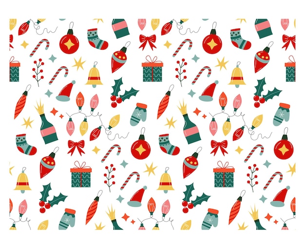 Vector christmas seamless pattern of festive objects santa tree ginger bread gifts champagne toys