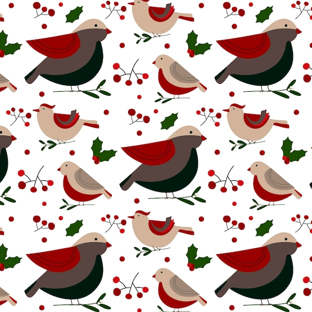 クリスマスのシームレスなパターンフラットハンドスタイルのベクトル要素さまざまな種類の鳥の小枝ベリー