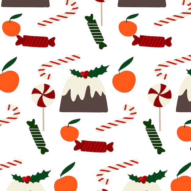 크리스마스 원활한 패턴 플랫 손 스타일 벡터 요소 막대 사탕 사탕 지팡이 크리스마스 케이크