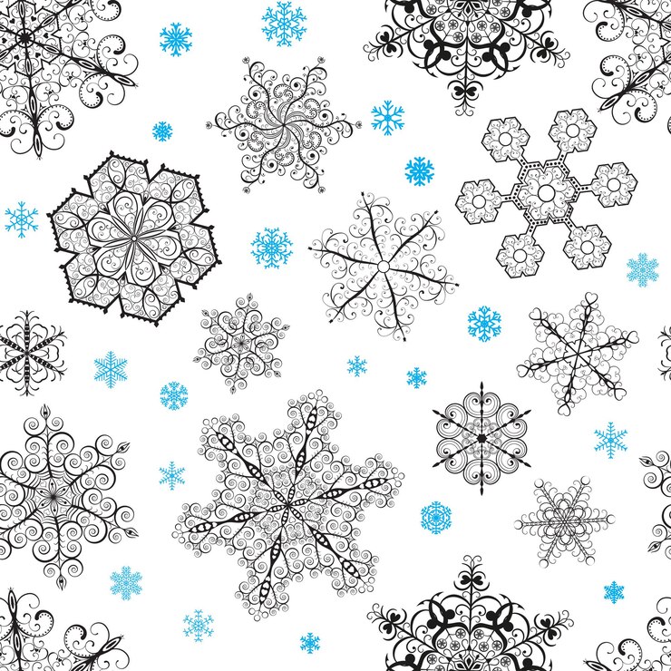 Vector christmas seamless pattern from big black and small blue snowflakes on white background