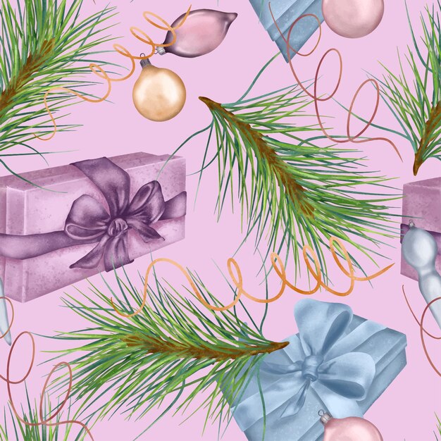Christmas seamless pattern of gift boxes Christmas decorations digital illustration isolated