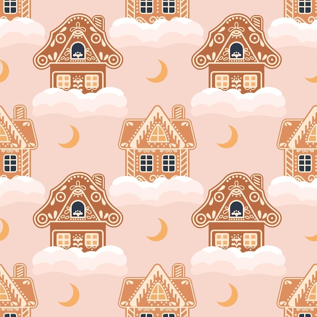 Christmas seamless pattern of gingerbread houses with snow and moon Festive background