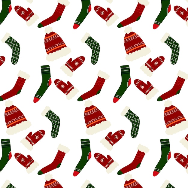 Christmas seamless pattern hand style vector elements winter clothes with patterns mittens socks