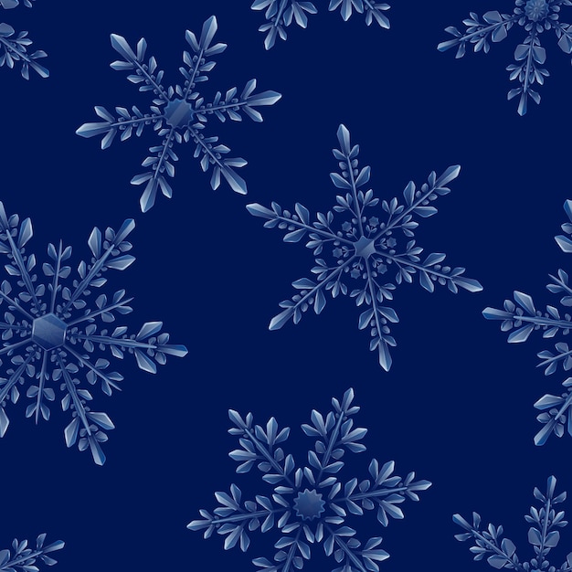 Modello senza cuciture di natale di grandi fiocchi di neve traslucidi complessi in colori azzurri su sfondo scuro