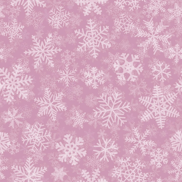 Christmas seamless pattern of many layers of snowflakes of different shapes sizes and transparency White on pink background