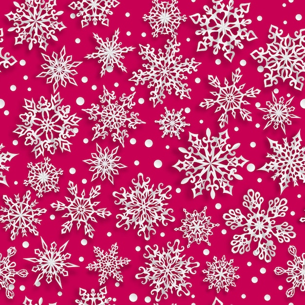 Рождественский бесшовный узор из бумажных снежинок с мягкими тенями на красном фоне