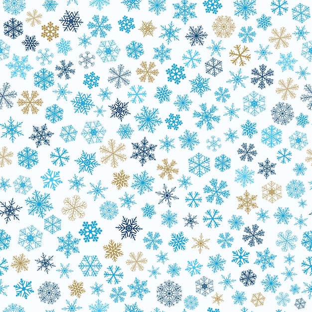 Рождественский бесшовный узор из маленьких снежинок светло-голубого коричневого и синего цветов на белом
