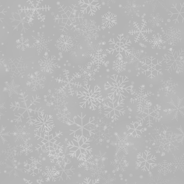 Вектор Рождественский фон из снежинок разной формы, размера и прозрачности, на сером фоне