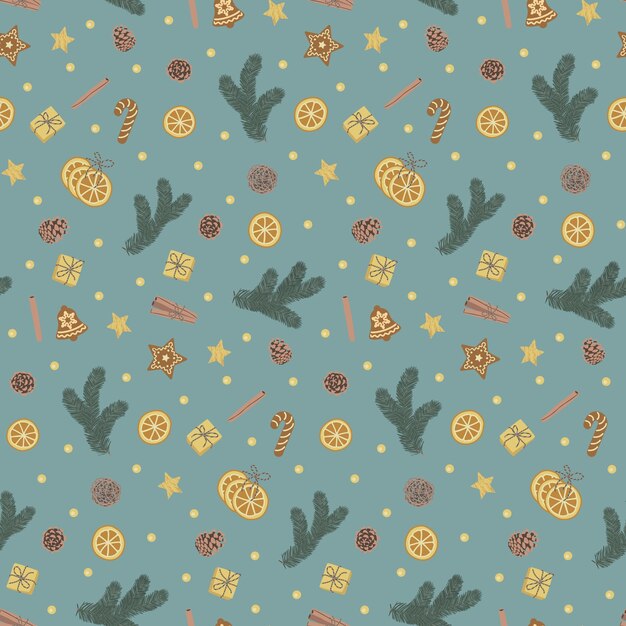 Vector christmas seamless pattern. orange fruit slice, cinnamon, star, branch repeat winter wallpaper