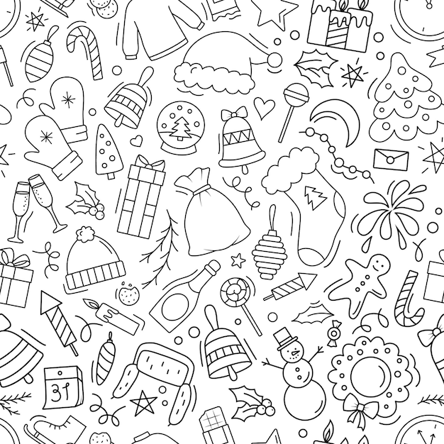 Christmas seamless pattern. Outline of the objects and elements New year