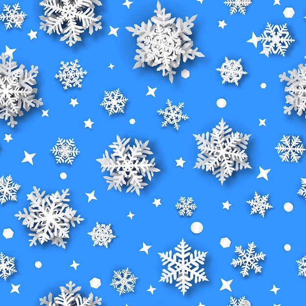 Christmas seamless pattern of paper snowflakes with soft shadows, white on light blue background