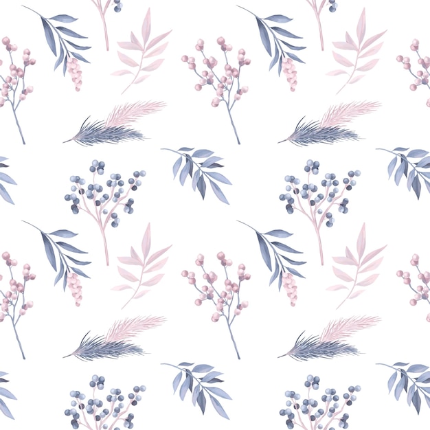 Christmas seamless pattern of pastel Christmas florals and winter plants