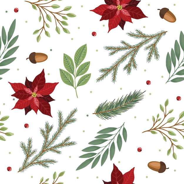 Christmas seamless pattern. Pine twigs, red berries, christmas tree. Winter Xmas holidays.