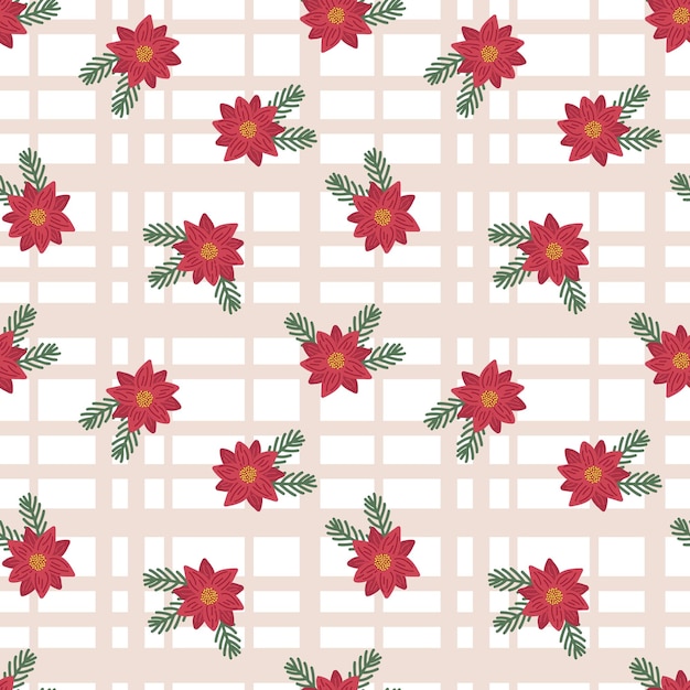 Christmas seamless pattern red poinsettia flower fir tree branches checked background illustration