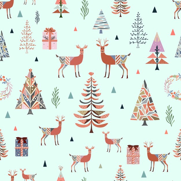 Vector christmas seamless pattern reindeer stylized christmas trees branches wreaths gifts pattern fo