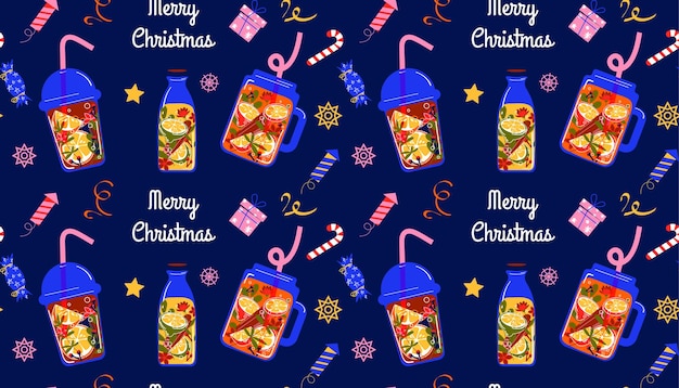 Christmas seamless pattern sample with winter drinks tea with lemon and spices vector background