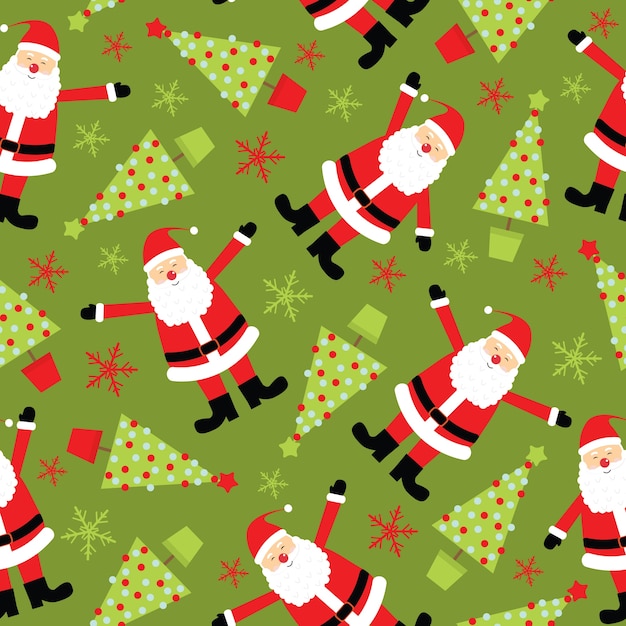 Christmas seamless pattern Santa Claus and Xmas tree on green background 