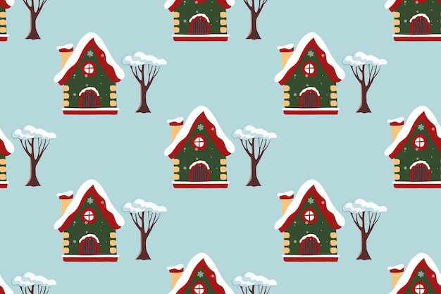 Christmas seamless pattern scandinavian houses in the snow