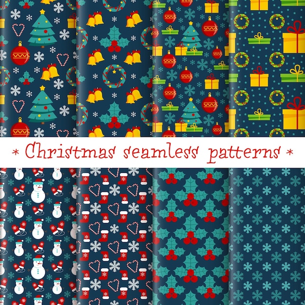 Christmas seamless pattern set with color flat icons on a blue background. Xmas holidays vector surface design for greeting cards, invitation, wallpapers, fabric, textile, package, wrapping.