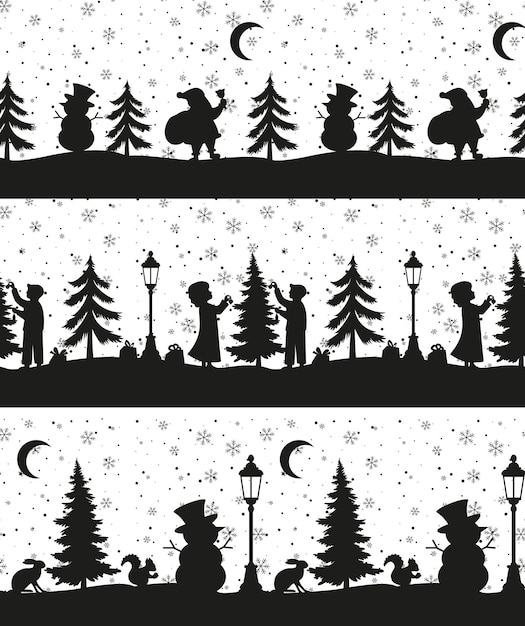 Vector christmas seamless pattern snow winter landscape with deer merry christmas greeting card