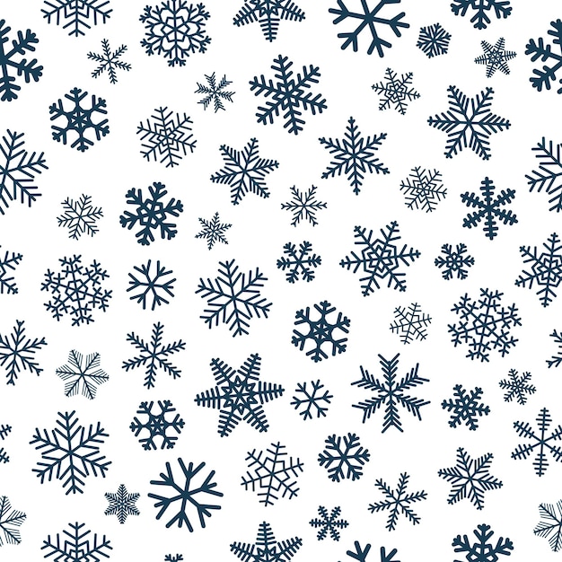 雪片のクリスマスのシームレスなパターン、白い背景の上の濃い青