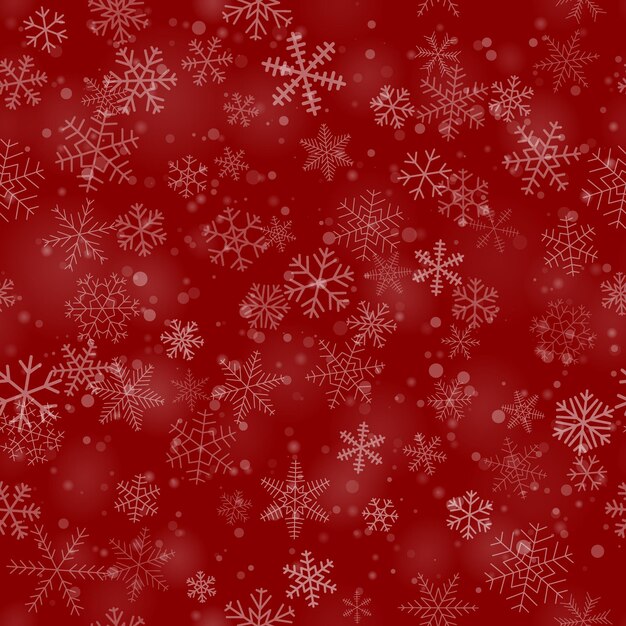Christmas seamless pattern of snowflakes of different shapes sizes and transparency on red background