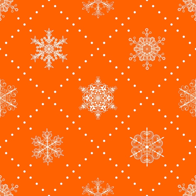 Christmas seamless pattern of snowflakes and dots, white on orange