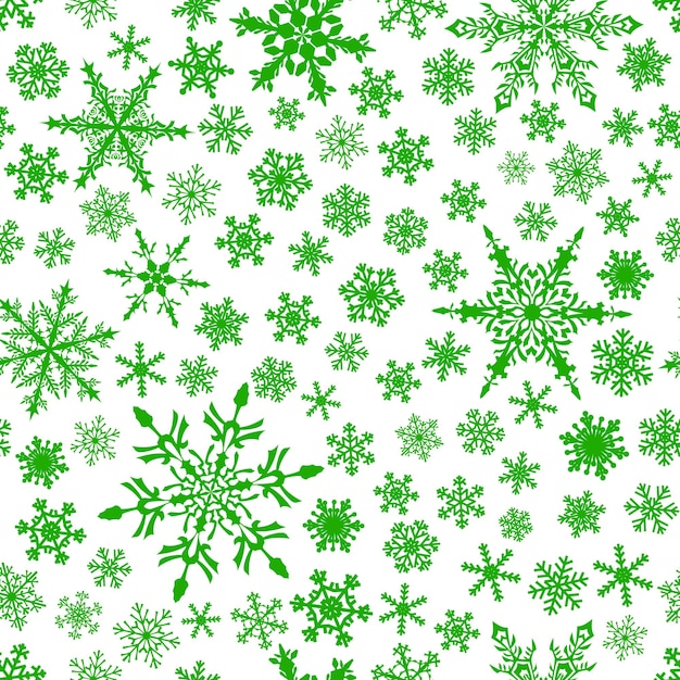 Christmas seamless pattern of snowflakes, green on white background.