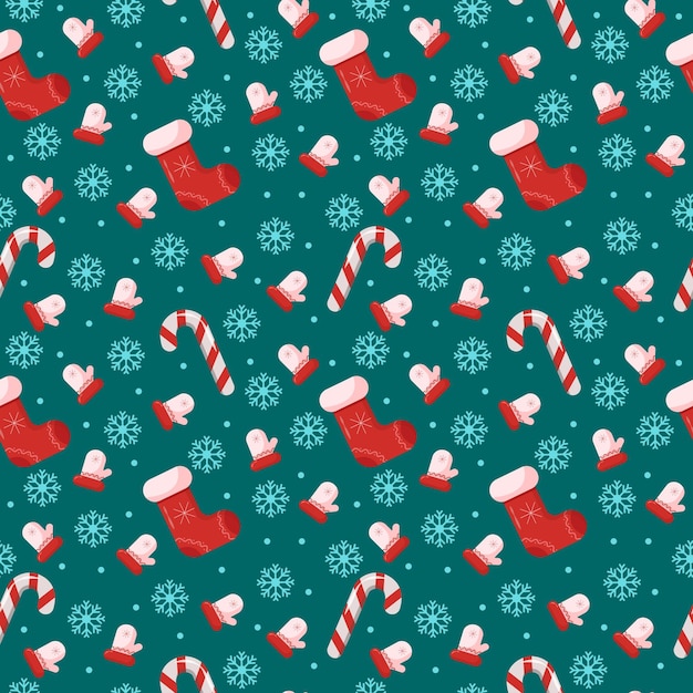 Christmas seamless pattern. snowflakes and sock. vector illustration, traditional colors