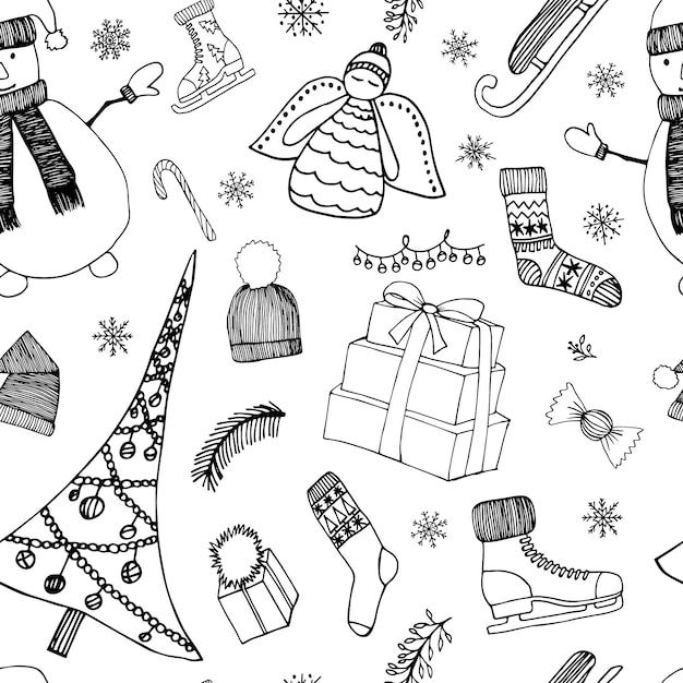 크리스마스 원활한 패턴 눈사람 모자 아이스 스케이트 썰매 양말 천사 크리스마스 트리 선물 상자 손으로 그린 휴가 요소 흰색 배경에 고립