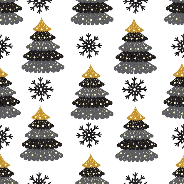 クリスマスのシームレスなパターン。様式化されたクリスマス ツリーと雪片。包装紙、布プリント。