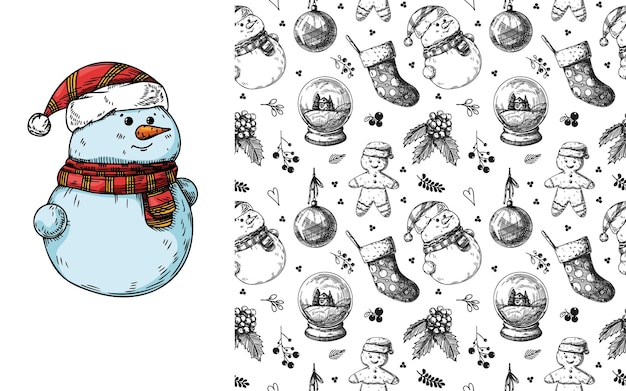クリスマスのシームレスなパターン。おもちゃ、雪だるま、花輪、その他のクリスマスの要素。スケッチ