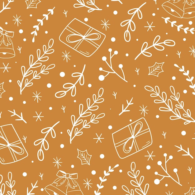 クリスマスのシームレスなパターン。小枝、葉、ベリー。ベクトルイラスト。あいさつ紙