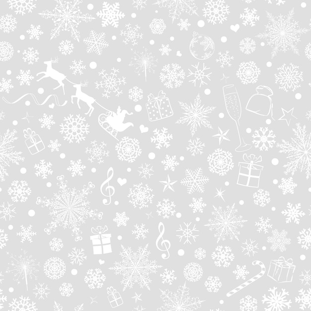 Christmas seamless pattern of various snowflakes and holiday symbols white on gray background